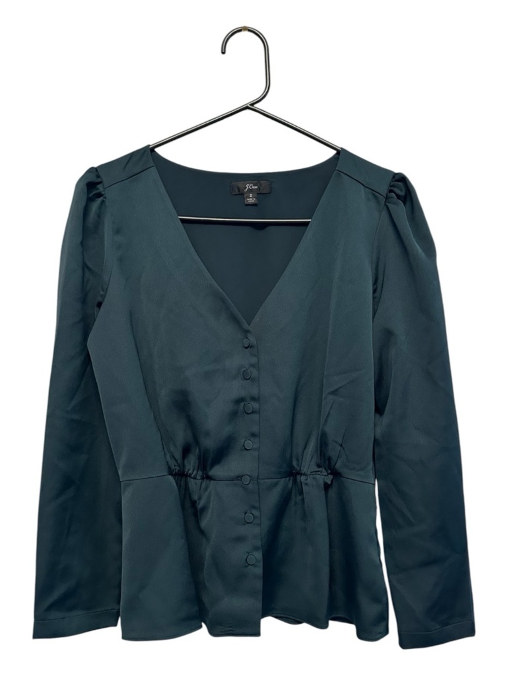 J. Crew Teal Button-Front V-Neck Long-Sleeved Peplum Blouse Size 2